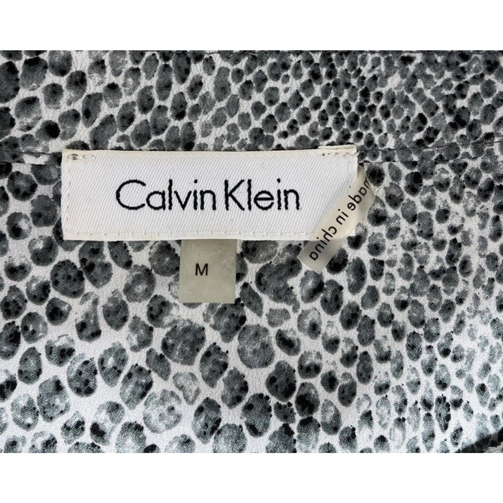 CALVIN KLEIN, WOMENS LS BUTTON DOWN, ANIMAL SKIN PRINT TOP Medium BLACK WHITE