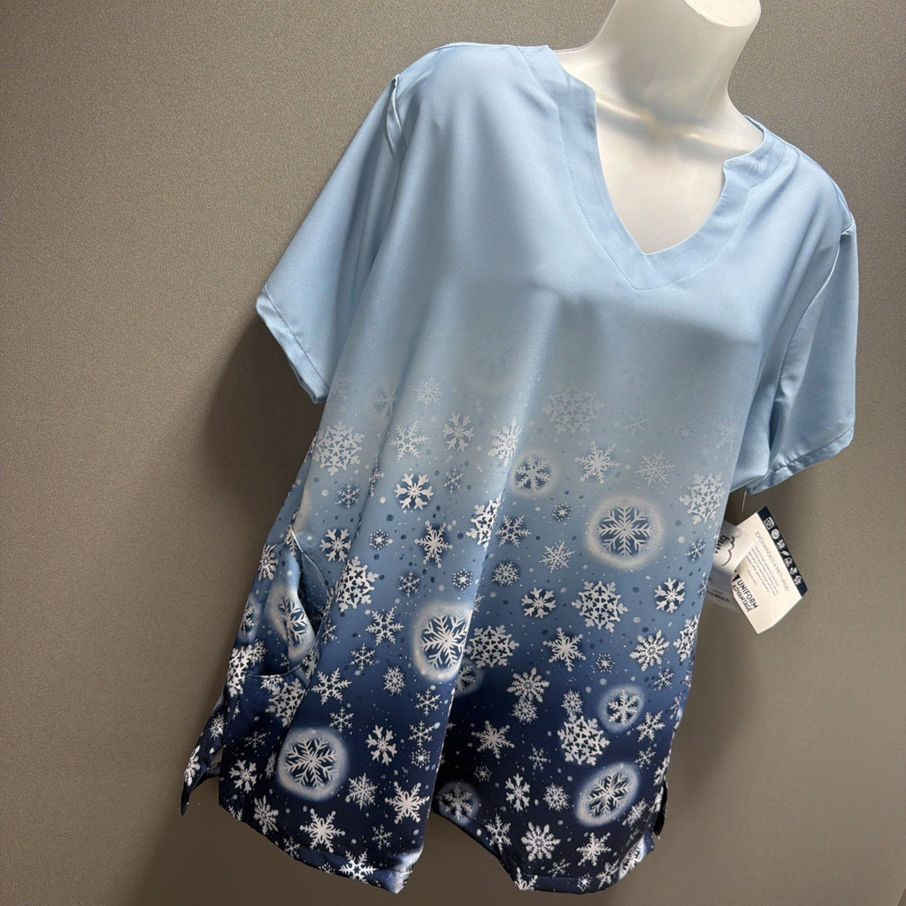 UA Scrubs Butter Soft Women's L Scrub Top Snowflake Blue Winter Christmas Stretc