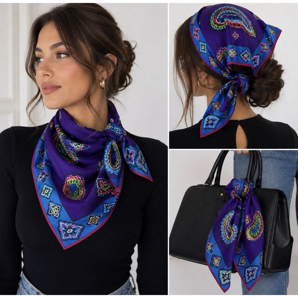 Vintage Oscar de la Renta Paisley Scarf Purple Blue Square Satin 30x30 Retro Mod