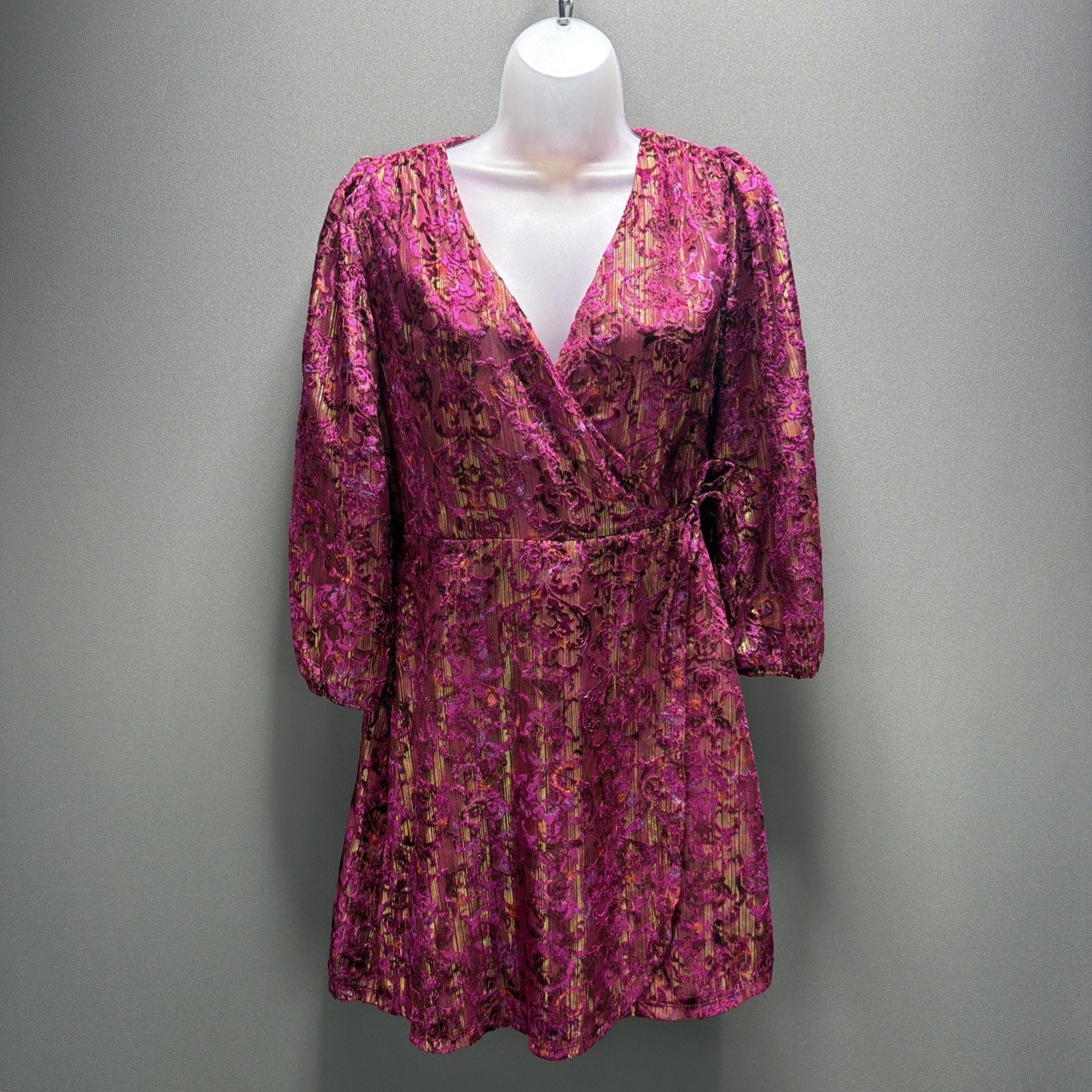 NWT LOFT $120 Shimmer Floral Velvet Wrap Dress Puff V-Neck Pink Purple Size 2