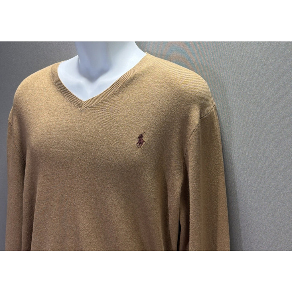 Polo Ralph Lauren Tan Pima Cotton Long Sleeve Sweater Burgundy Pony Size Medium