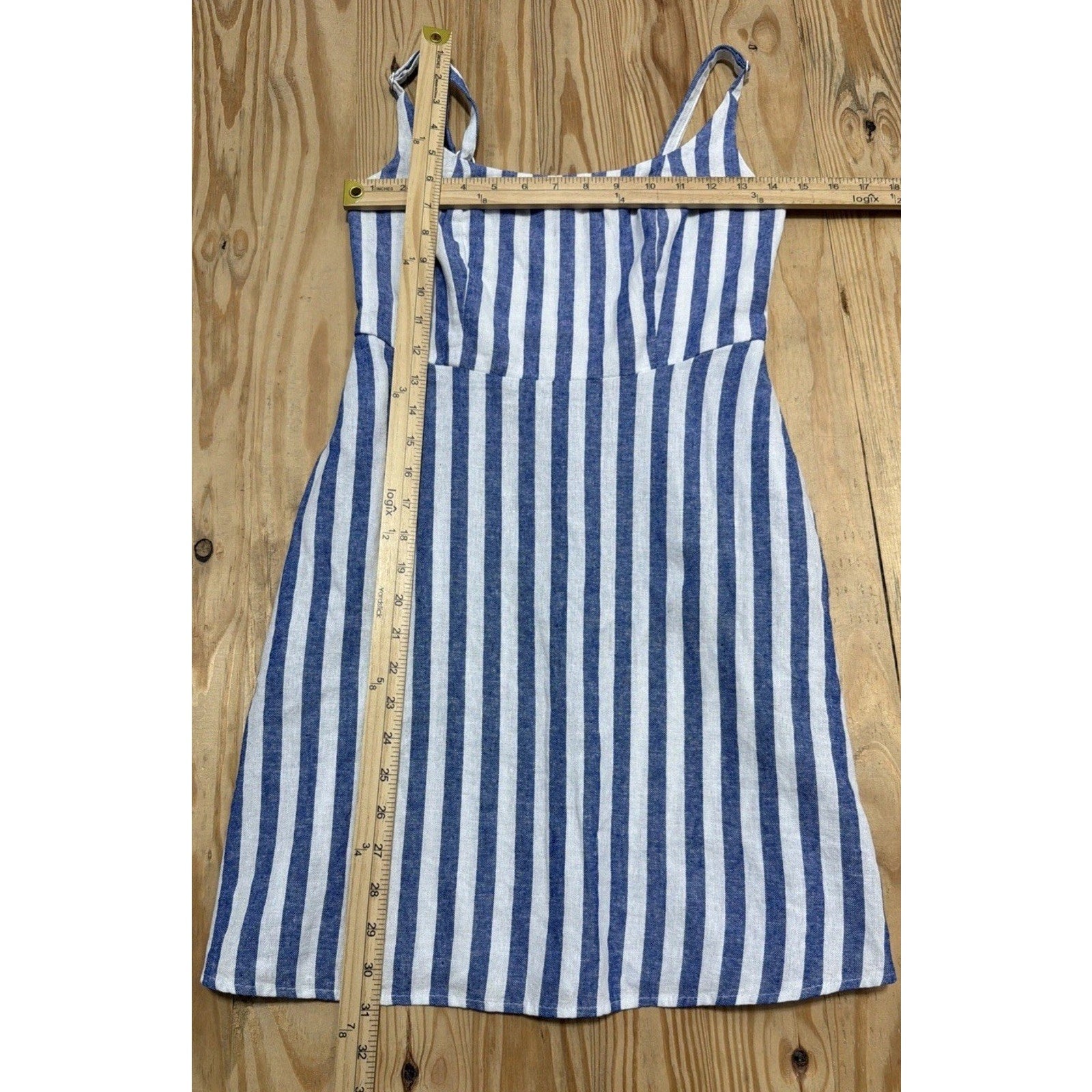 Old Navy Fit & Flare Chambray Blue White Vertical Striped Linen Blend Dress XS