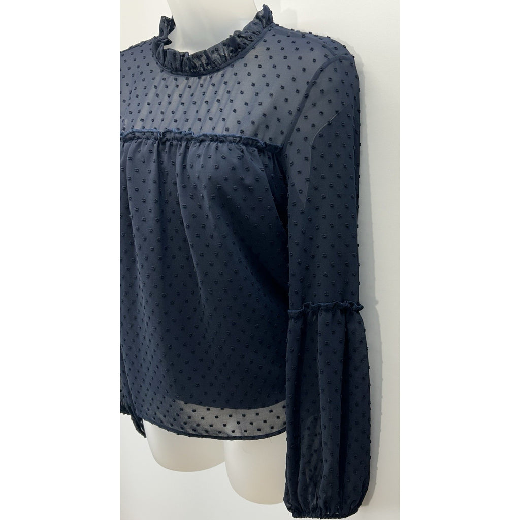 Le Lis Polka Dots Ruffled Neck Long Sleeve Blouse Size Large Blue . Made In USA