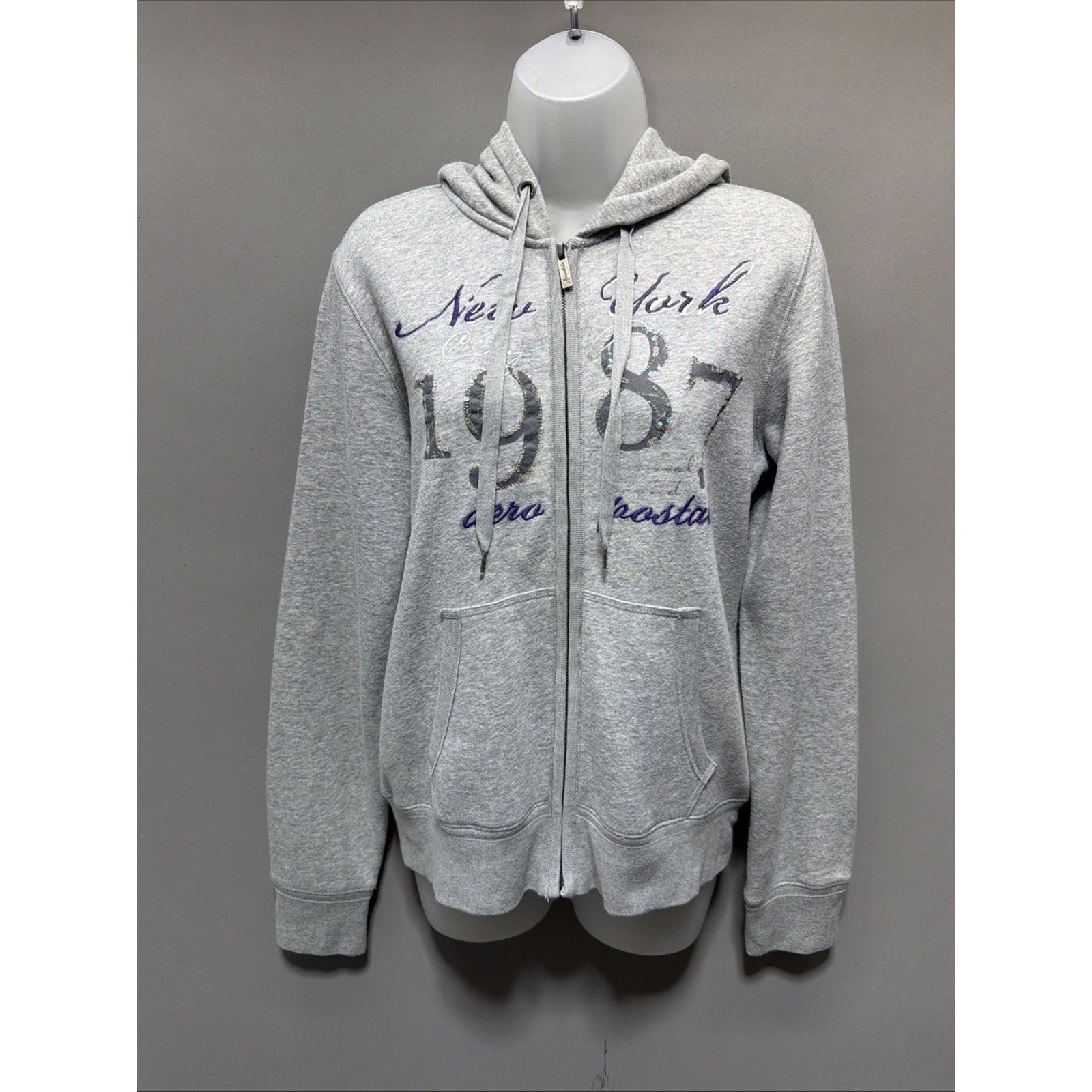 AEROPOSTALE GRAY ZIPPERED FRONT FLEECE HOODIE EMBROIDERED & EMBELLISHED LARGE
