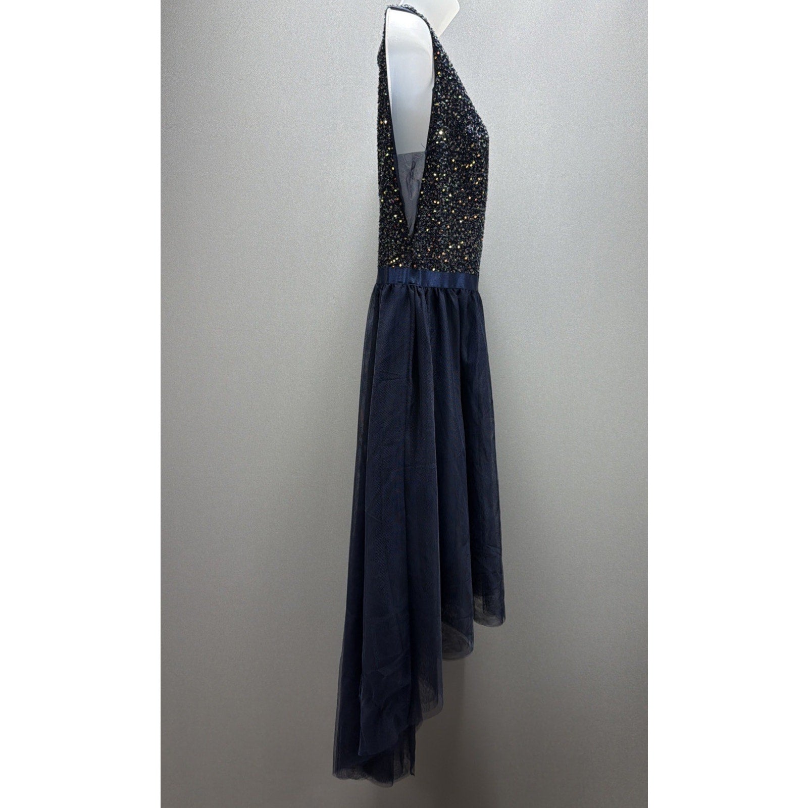 BeryLove L Navy Sequin High Low Formal Dress Sleeveless V Neck Tulle NWT