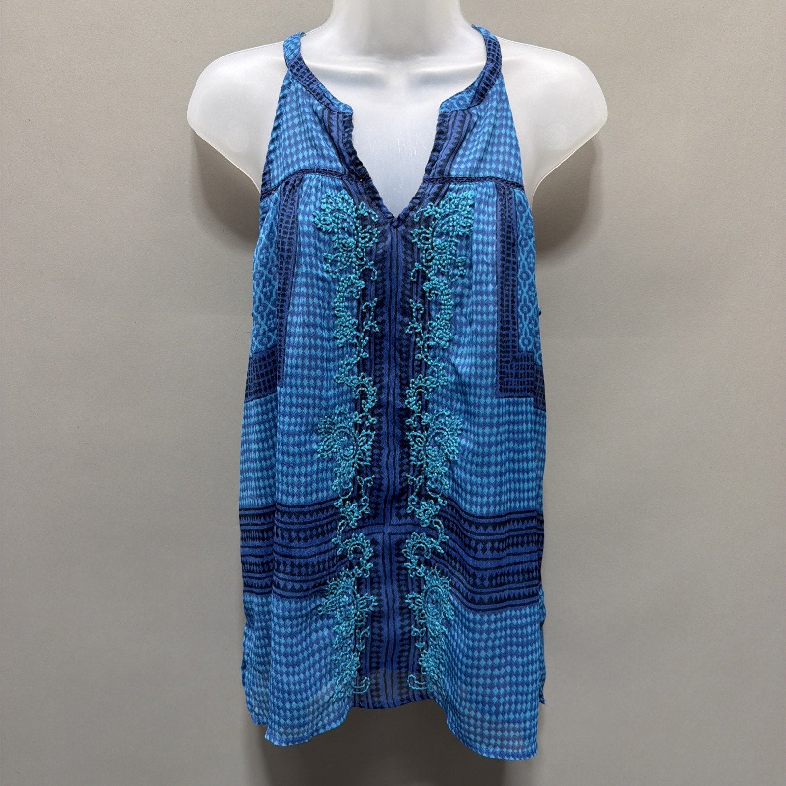 Lucky Brand Lined tank casual Medium Blue Boho Embroidered pattern