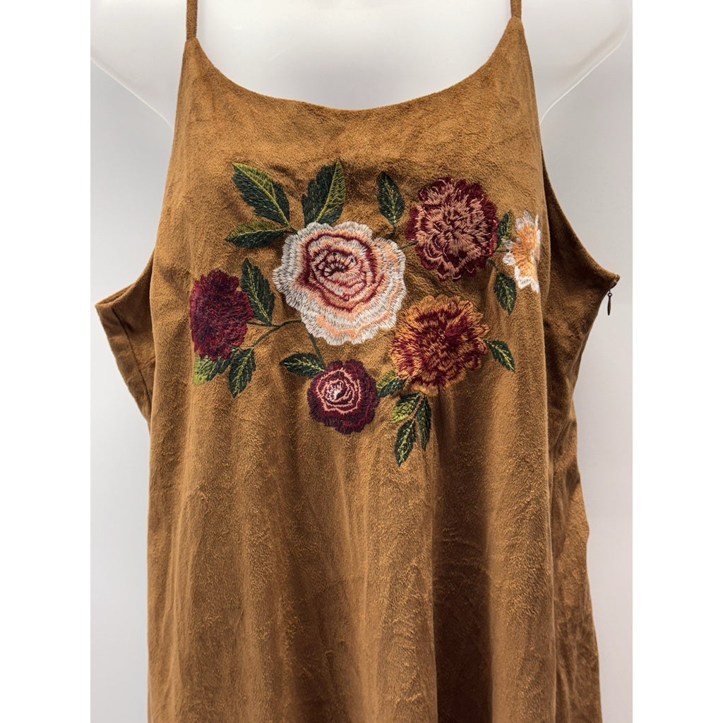 Blu Pepper Embroidered Floral Suede Look Thin Straps Side Zipper Brown Dress L