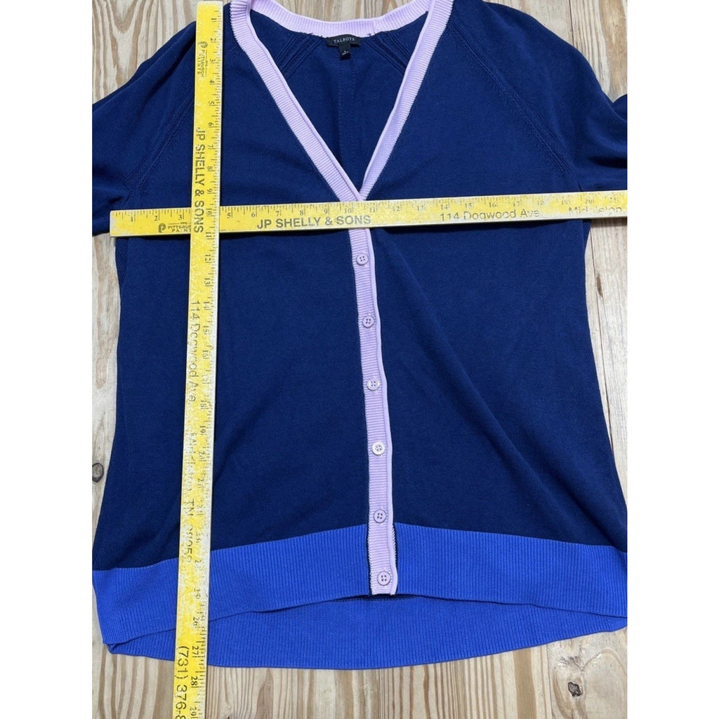 TALBOTS INDIGO NAVY BLUE/PINK TIPPED GIRLFRIEND CARDIGAN SWEATER Large