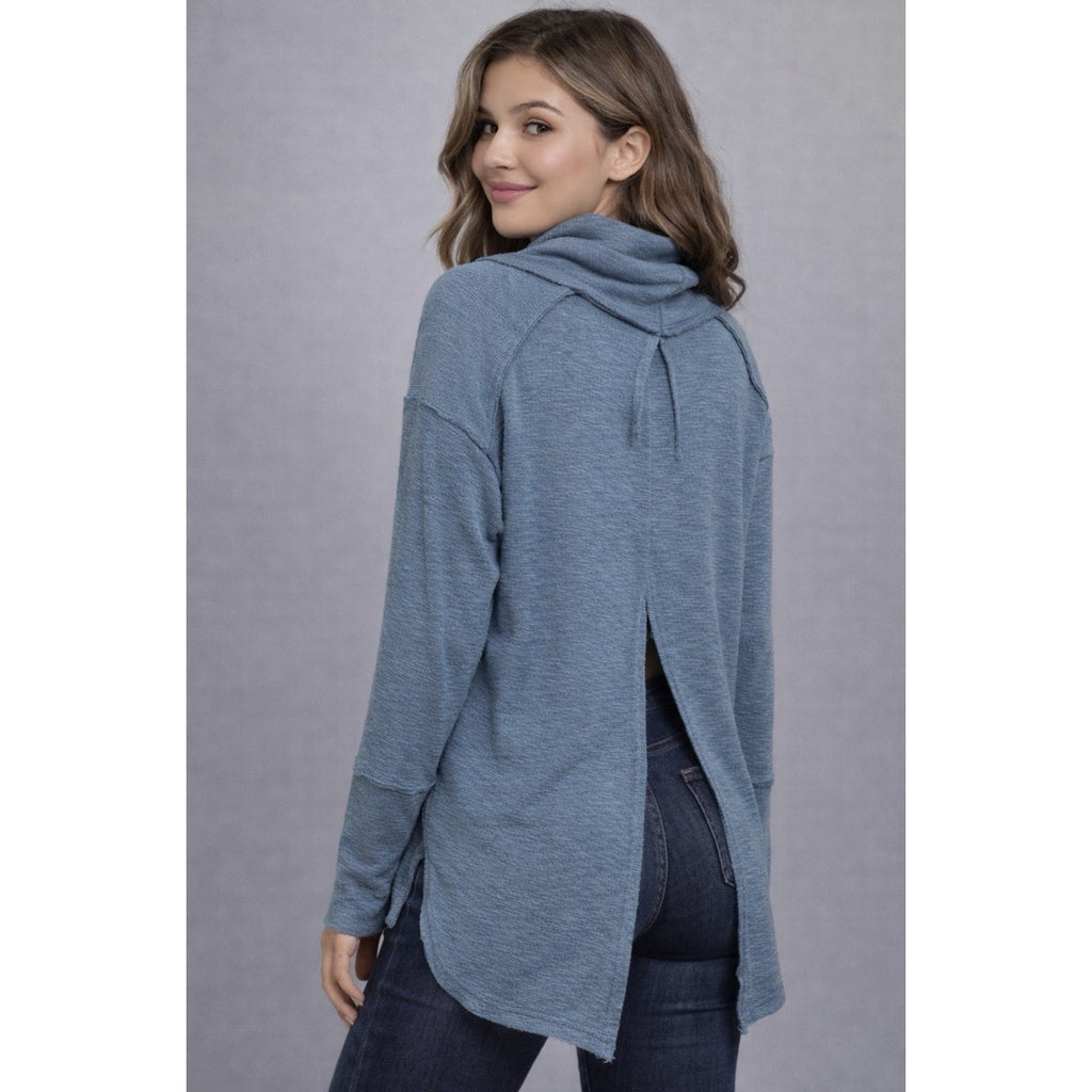 Free People We The Free Split Back Turtleneck Thermal Top Blue Boho Long Sleeve