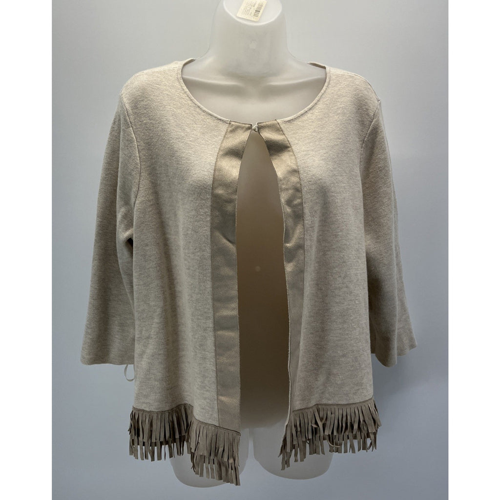 Chicos 3 Beige Open 3/4 Sleeve Open Knit Cardigan Fringe Suede Detail