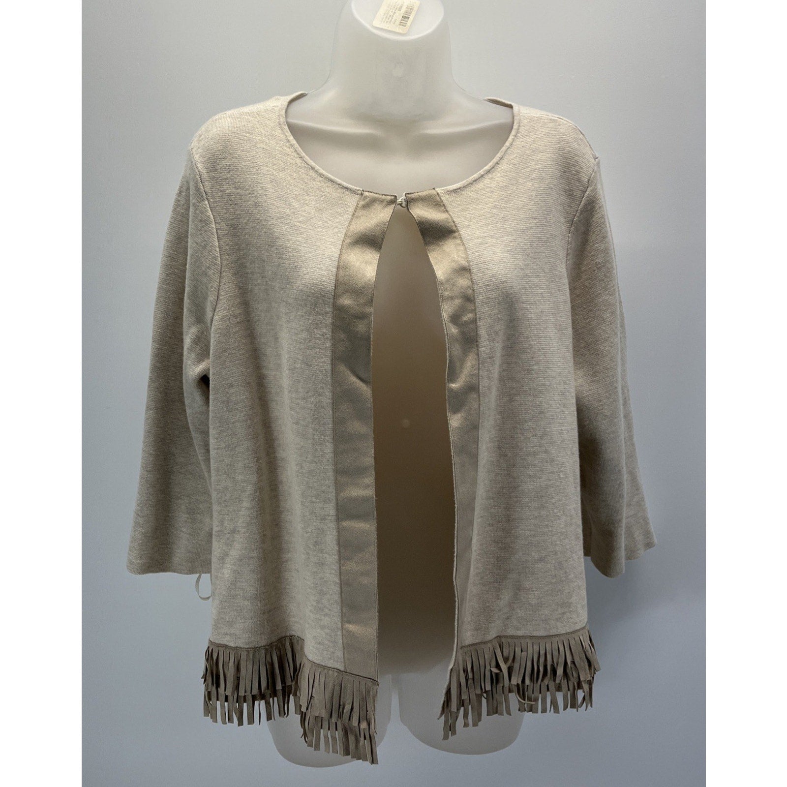 Chicos 3 Beige Open 3/4 Sleeve Open Knit Cardigan Fringe Suede Detail