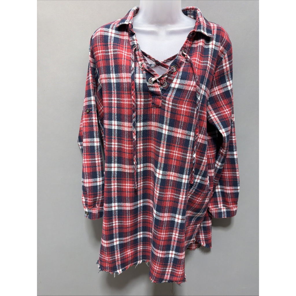 Jodifl Flannel Long Sleeve Tunic Top Size Large Red Plaid Boutique