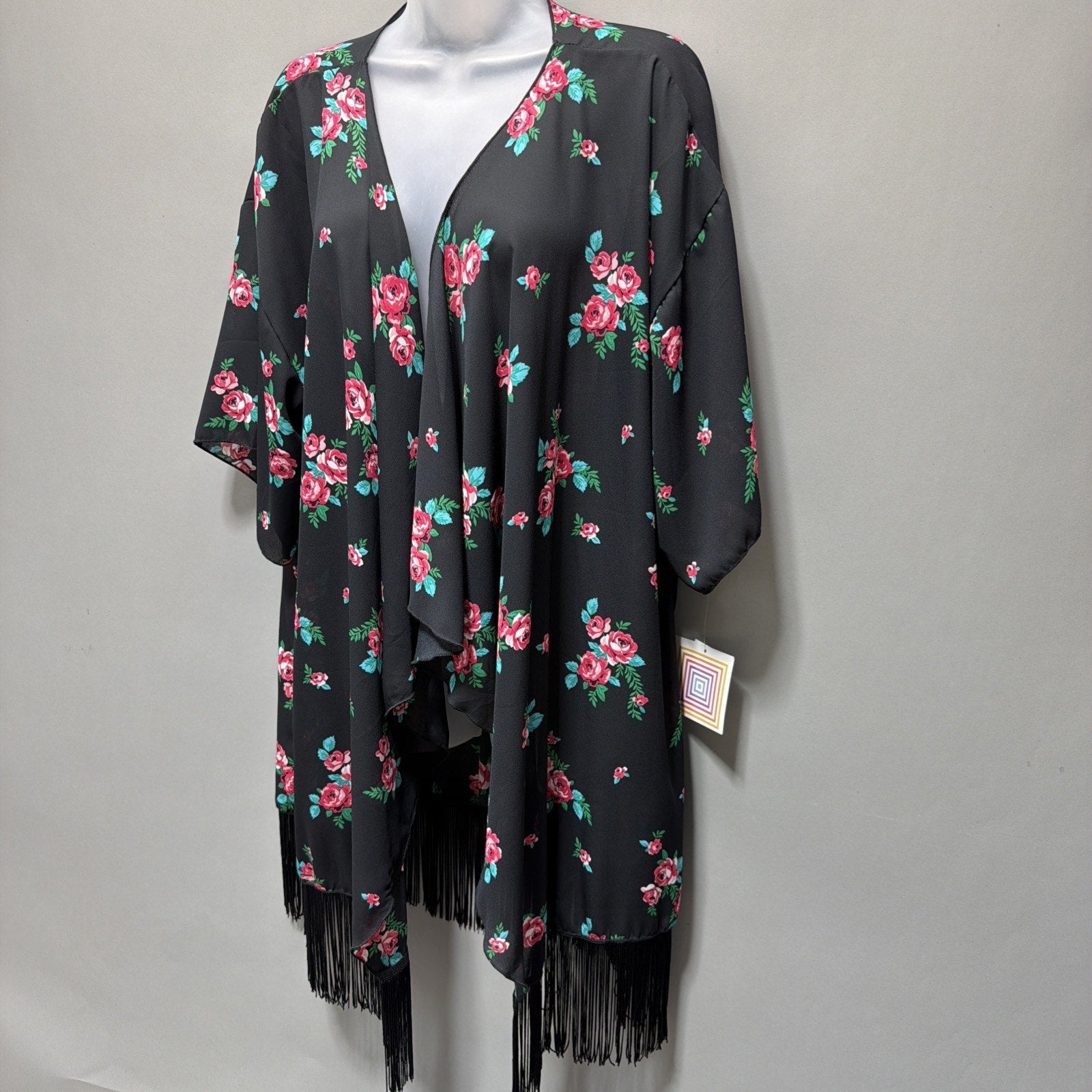 Lularoe Monroe Large NWT Kimono Open Cardigan Black Floral Fringe Hem Detail