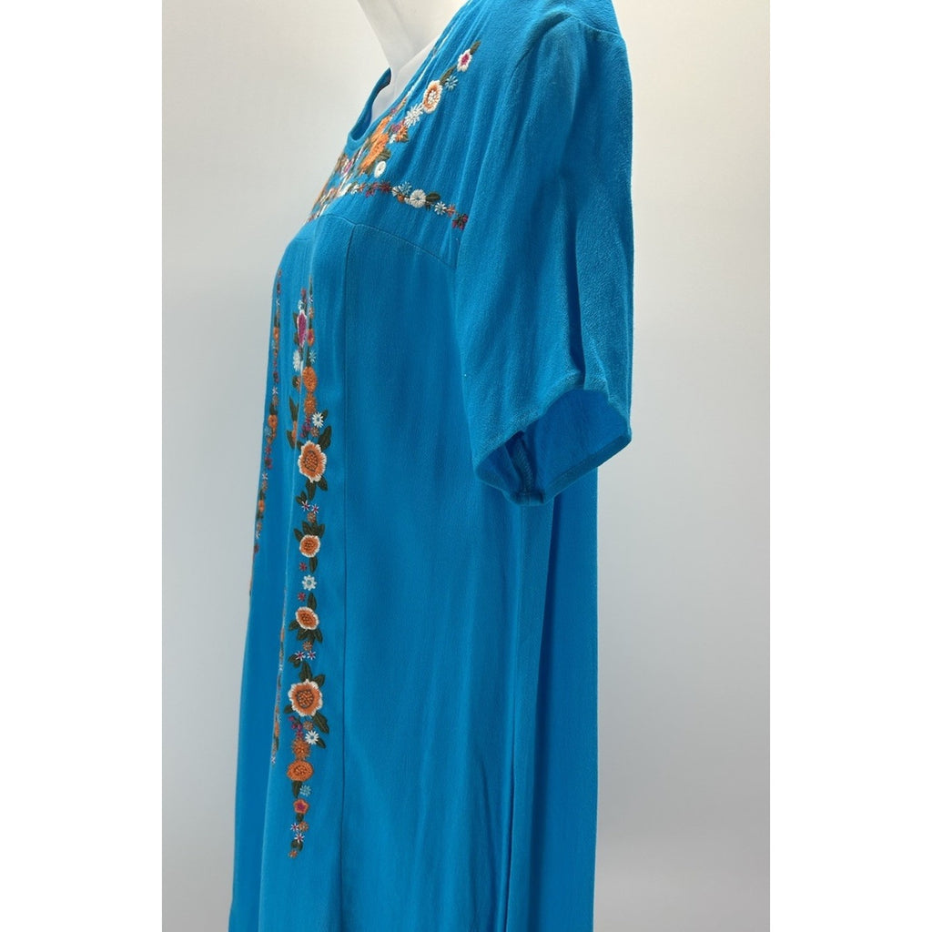UMGEE BRIGHT TURQUOISE BLUE SHORT SLEEVE EMBROIDERED FLOWY BOHO A-LINE DRESS SM.
