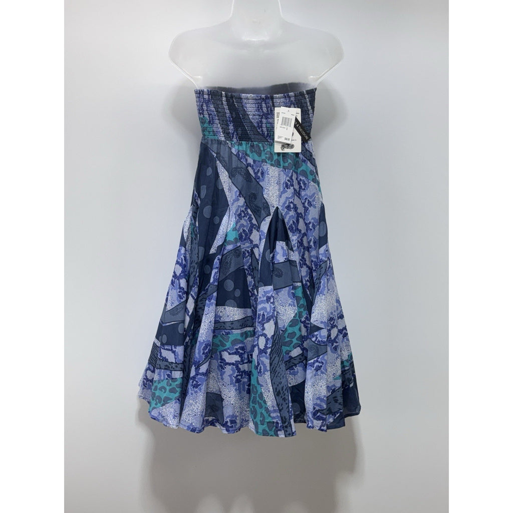 CHELSEA & THEODORE Blue Print Ruffle Tie Tiered Mini Dress Women’s Small NWT