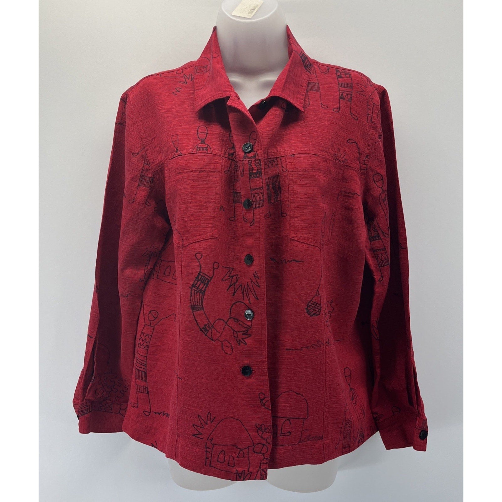 Chico's Design VTG Sz 2 L Red Wearable Art Silk Linen Button-Up Top - Beautiful!