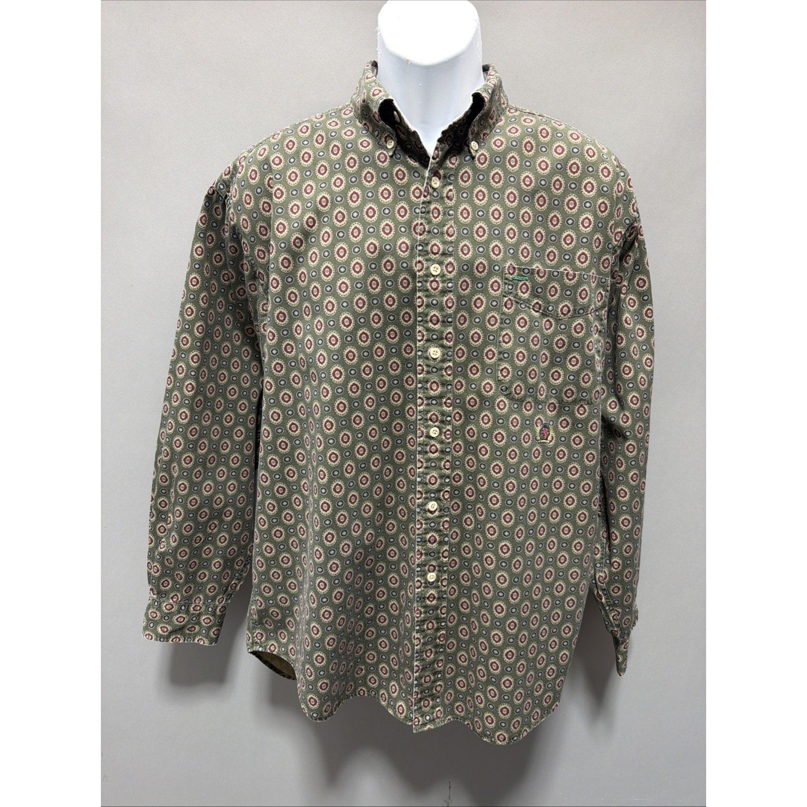 VINTAGE 90s Tommy Hilfiger All Over Print Shirt Men Large Green Crest Logo