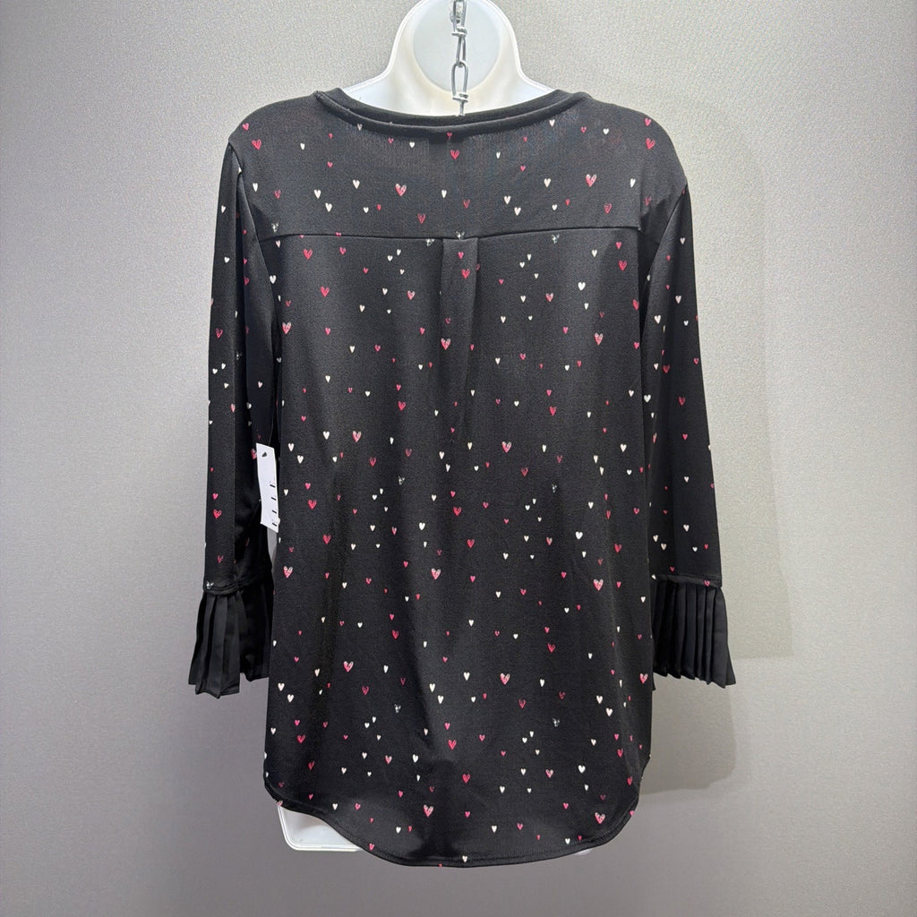 Elle Women's Blaxk Heart Print Scoop Neck 3/4 Bell Sleeve Blouse L Stretch NWT