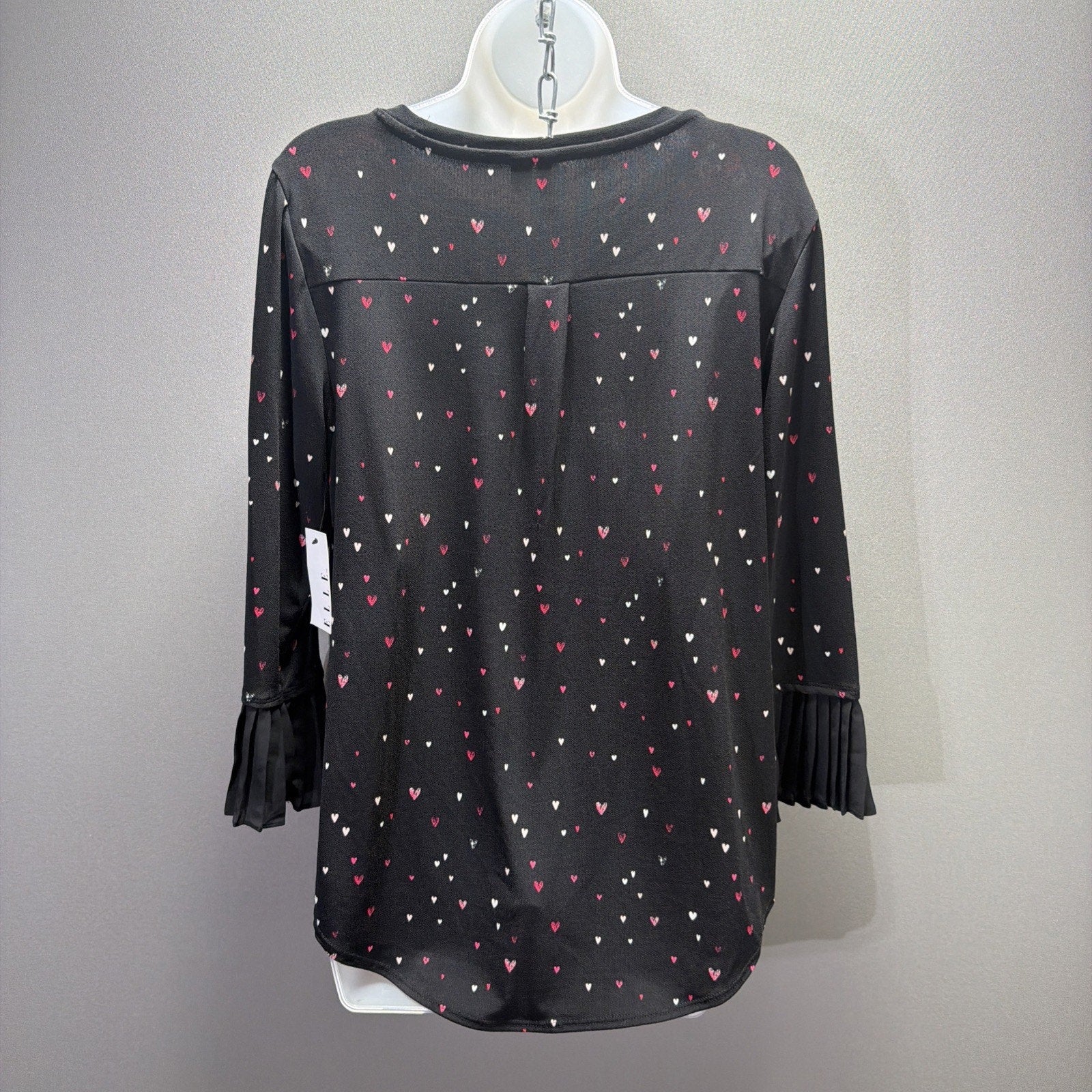 Elle Women's Blaxk Heart Print Scoop Neck 3/4 Bell Sleeve Blouse L Stretch NWT