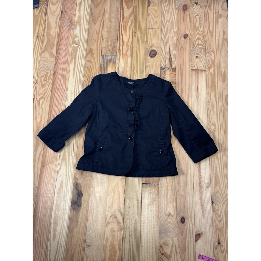 Talbots Blazer Womens 6P Petite Black 3/4 Sleeve Ruffle Trim Button Up Career