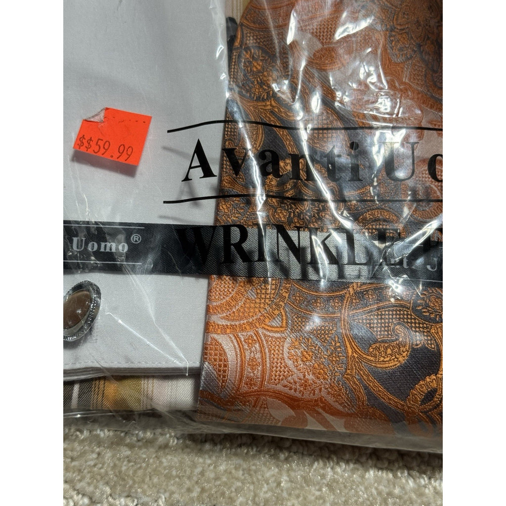 NWT Avanti Uomo 16.5 34/35 Dress Shirt Tie Hanky Cufflinks Set Orange Stripe