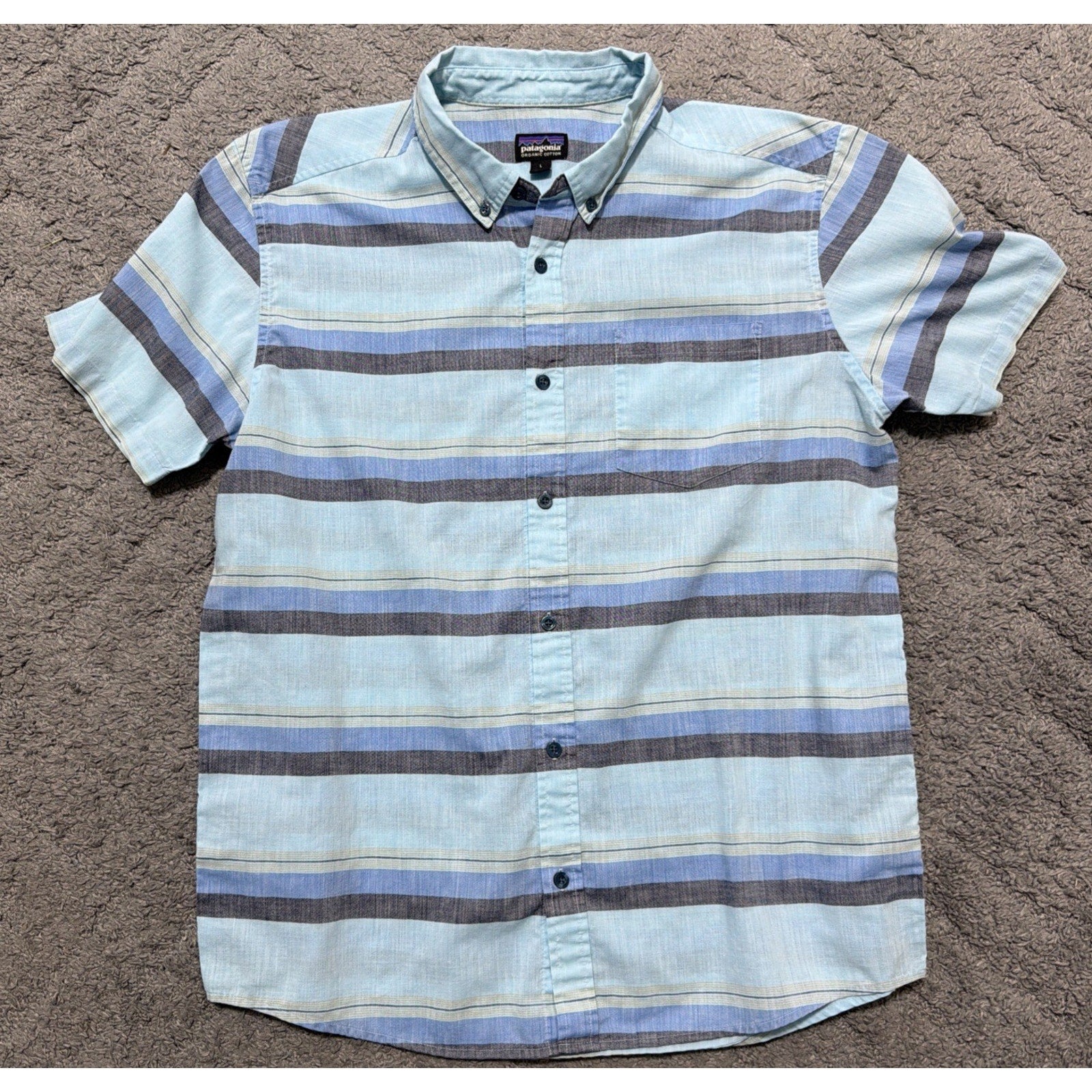Patagonia Bluffside Shirt Mens L Blue Striped Short Sleeve Lightweight Button Up
