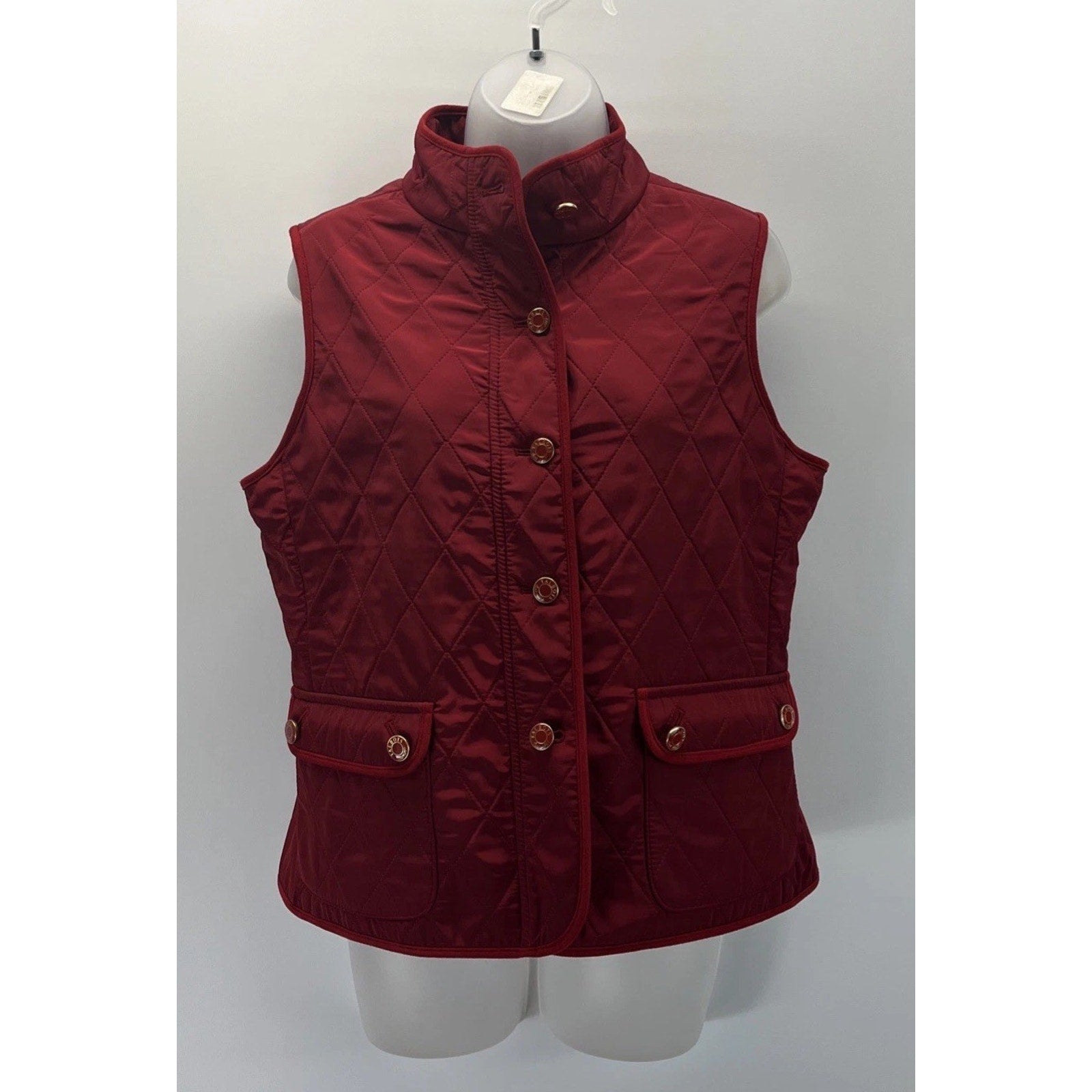 Talbots Red Quilted Vest Fleece Lined Size PM Mock Neck Button Front Sleeveless