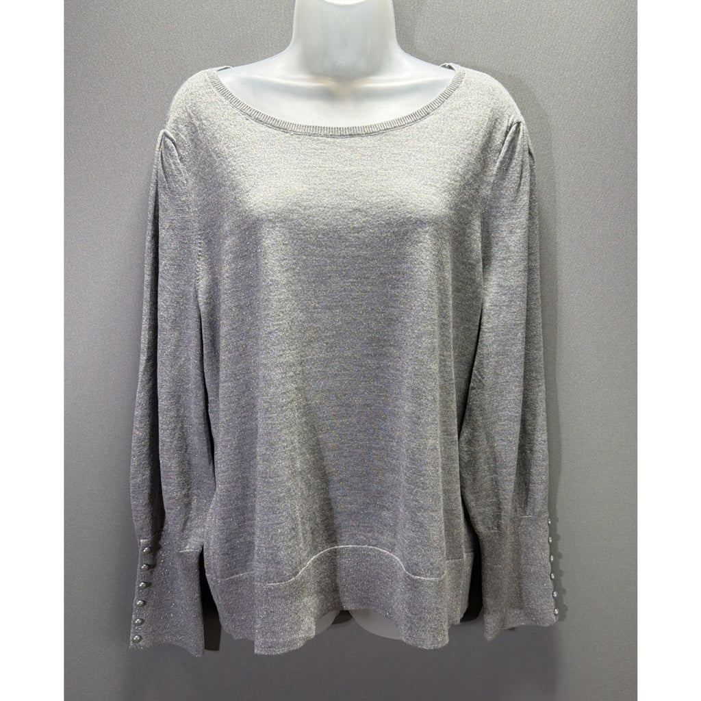 Talbots XL Sweater Gray Shimmer Silver Merino Wool Pearl Button Cuff New W Tags