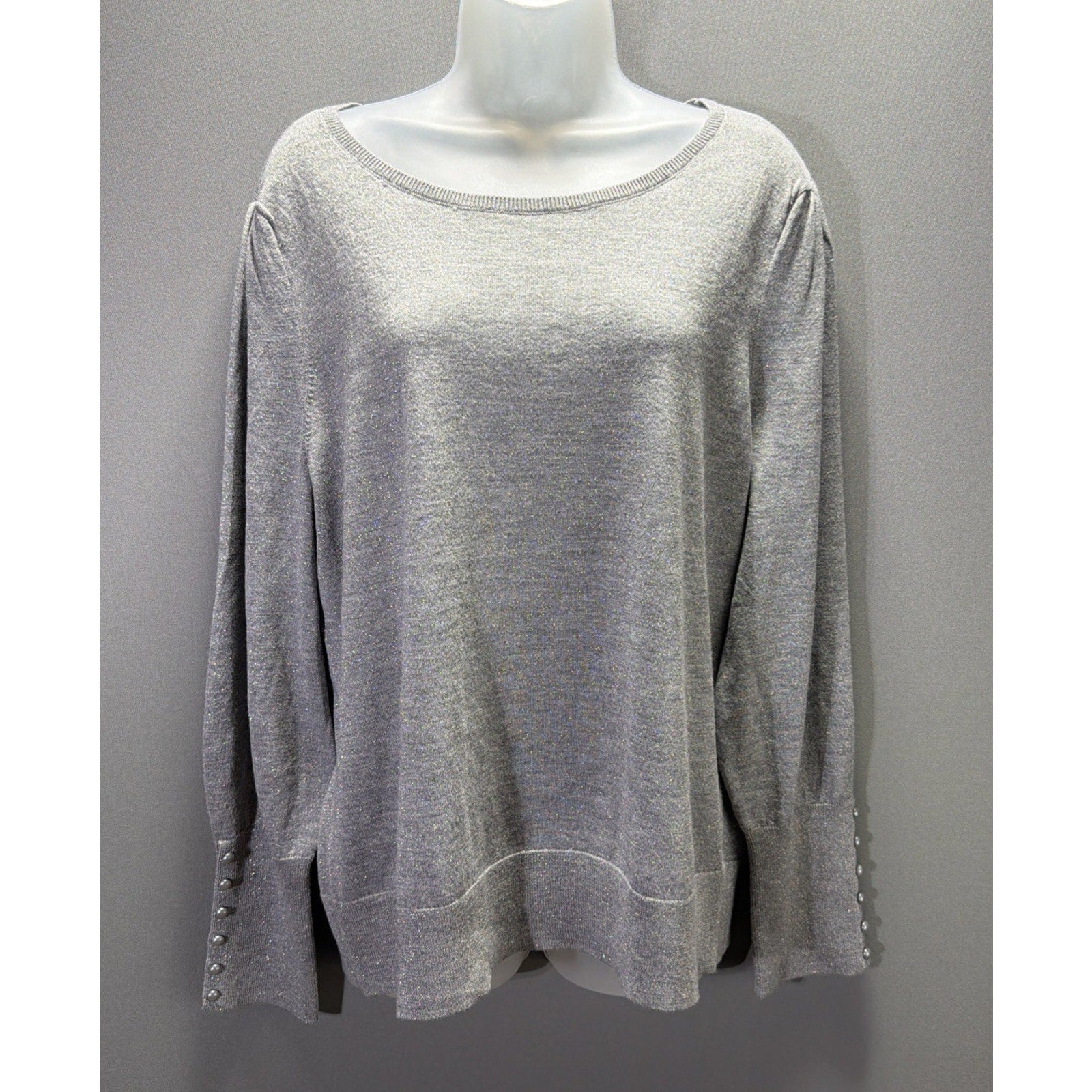 Talbots XL Sweater Gray Shimmer Silver Merino Wool Pearl Button Cuff New W Tags