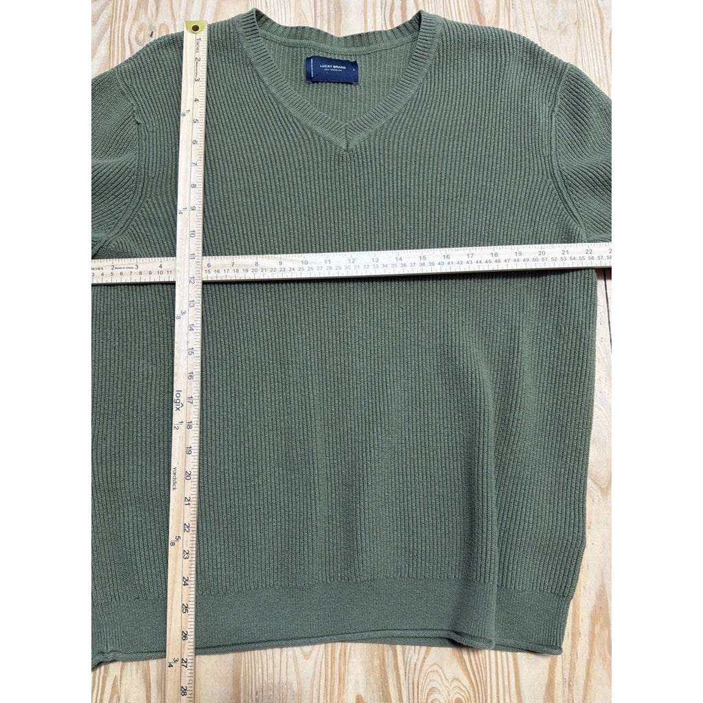 LUCKY BRAND Knit Pullover Sweater LG Men's Green Ribbed Cotton Blend Sweatshirt