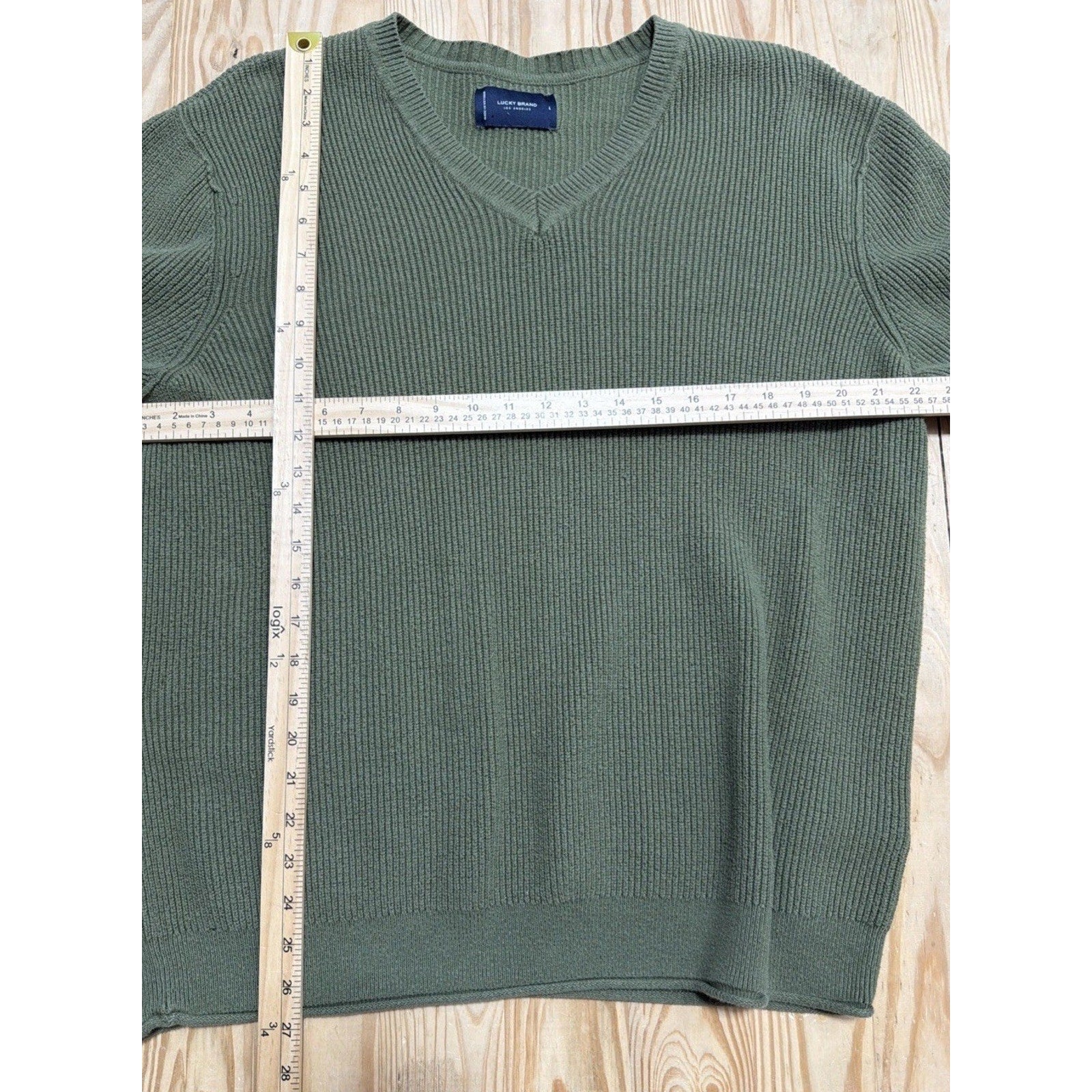 LUCKY BRAND Knit Pullover Sweater LG Men's Green Ribbed Cotton Blend Sweatshirt