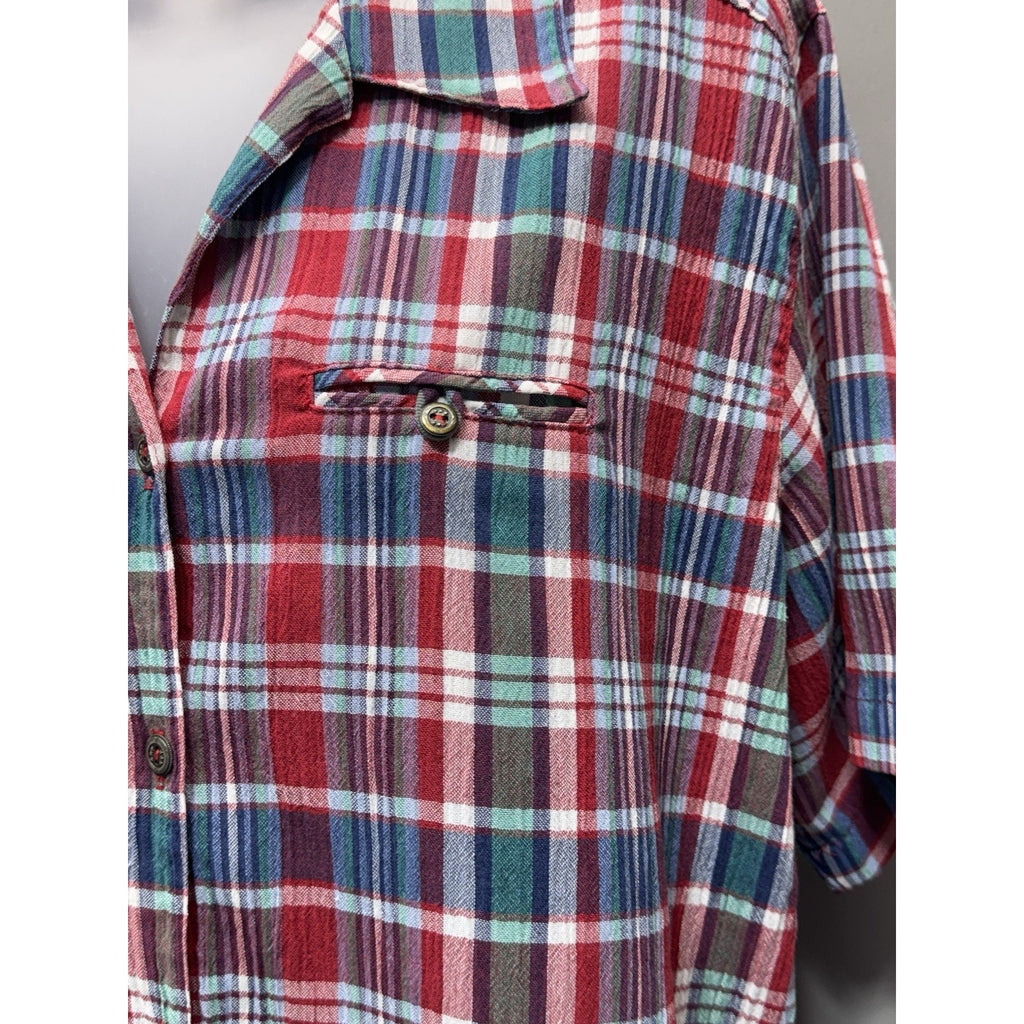 Koret City Blues Red Blue Green Plaid Button Short Sleeve Measures Women’s L