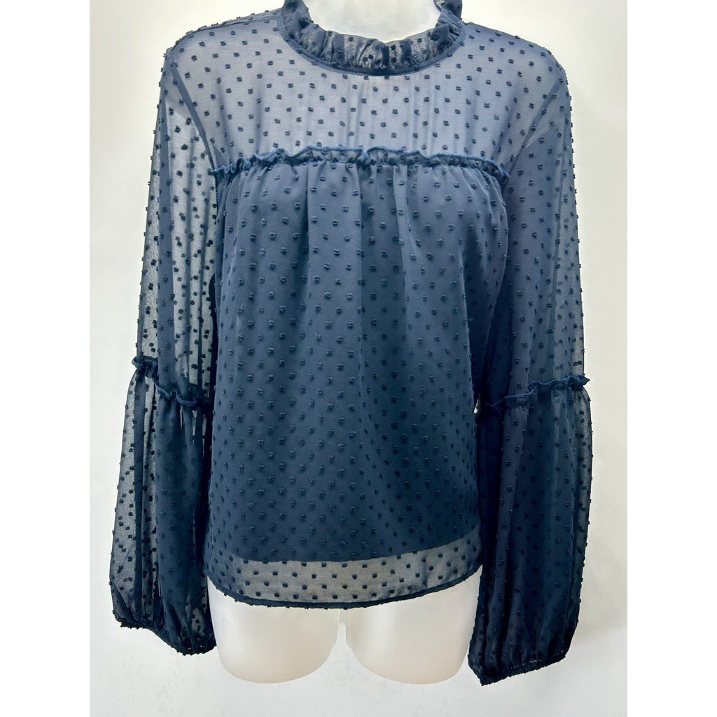 Le Lis Polka Dots Ruffled Neck Long Sleeve Blouse Size Large Blue . Made In USA