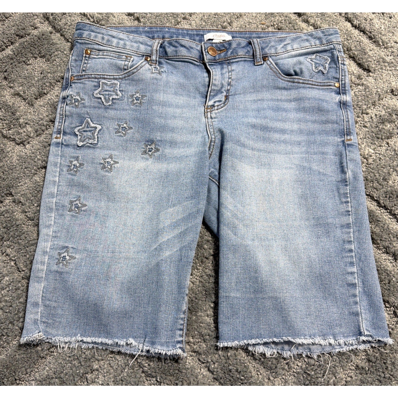 Vintage Candie's Denim Jean Cut Off Shorts Star Embroidered Patch Size 13