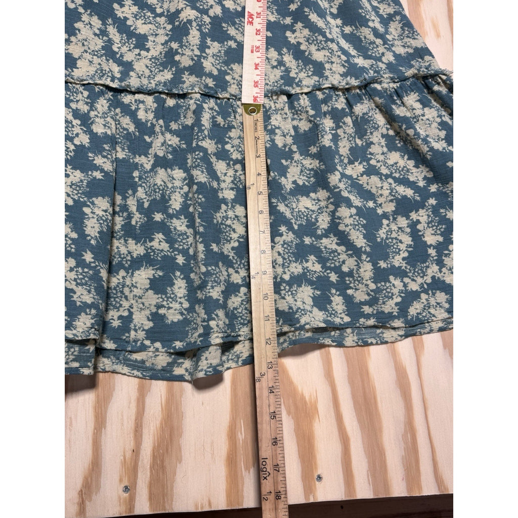 Free People Blue Cream Floral Smocked Puff Sleeve Midi Dress Women’s Medium Boho