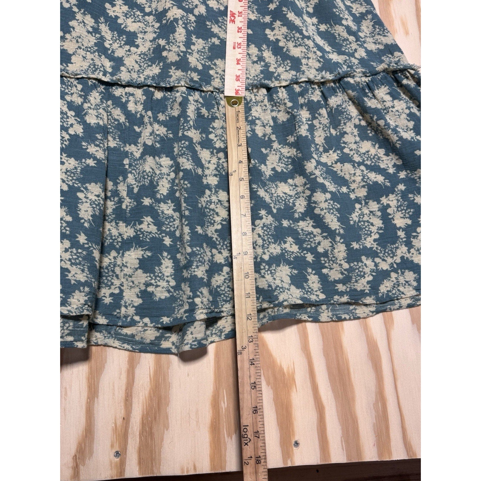 Free People Blue Cream Floral Smocked Puff Sleeve Midi Dress Women’s Medium Boho