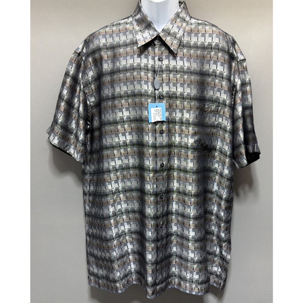 Alora Made In Italy Men’s XXL Geometric Button Front Shirt Gray Tan Retro Y2K