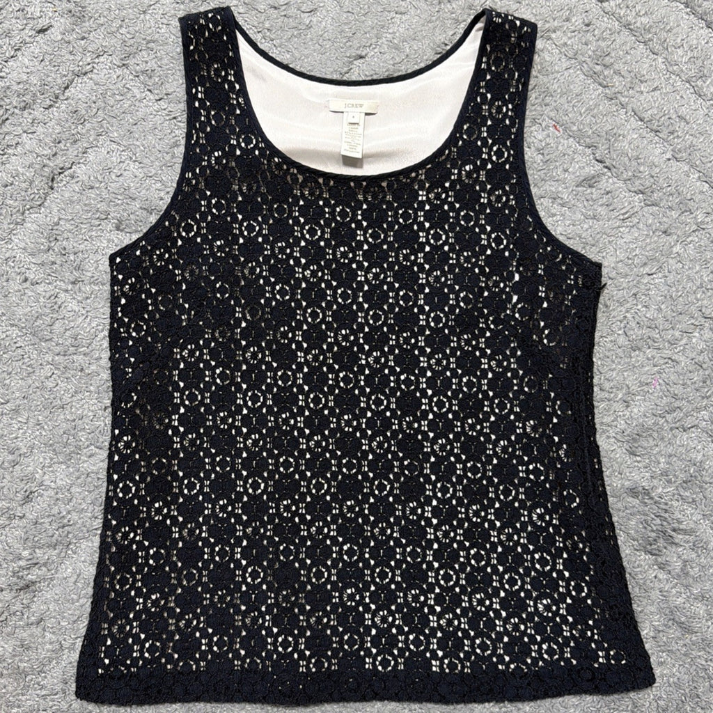 J Crew Womens 4 Black Crochet Lace Sleeveless Tank Top Lined Boho Overlay