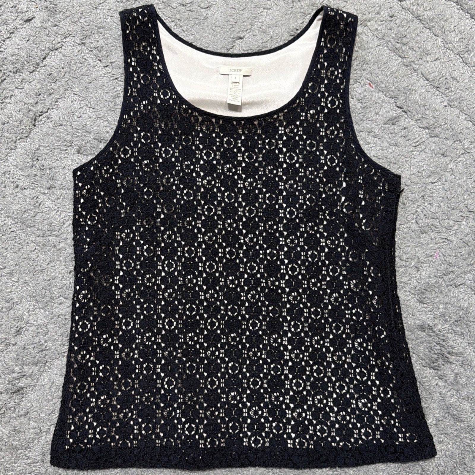 J Crew Womens 4 Black Crochet Lace Sleeveless Tank Top Lined Boho Overlay