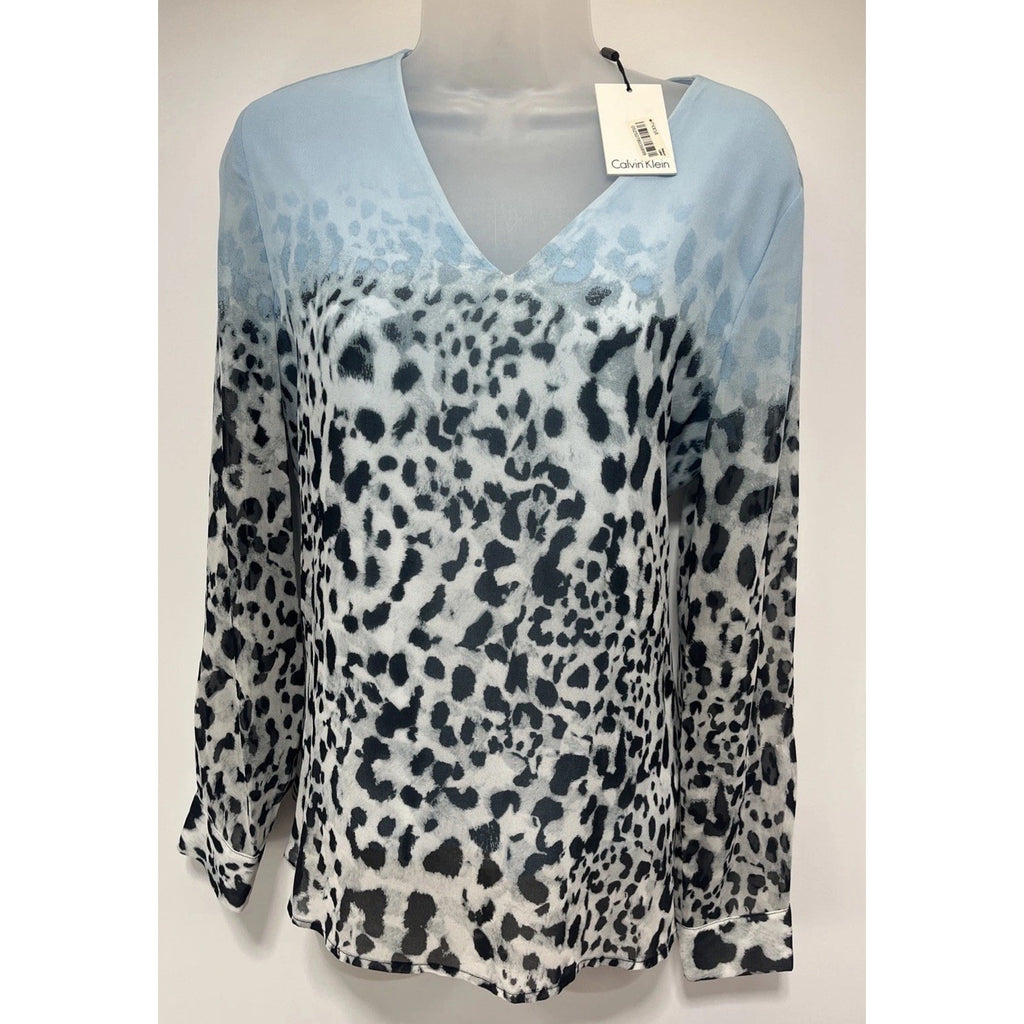 Calvin Klein Women’s Sz S Blue/snow Leopard Long Sleeve Lined V Neck Blouse NWT