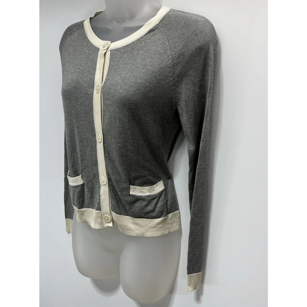 Talbots Silk Blend Woman Gray Ivory Button-Up Cardigan Sweater Sz Petite