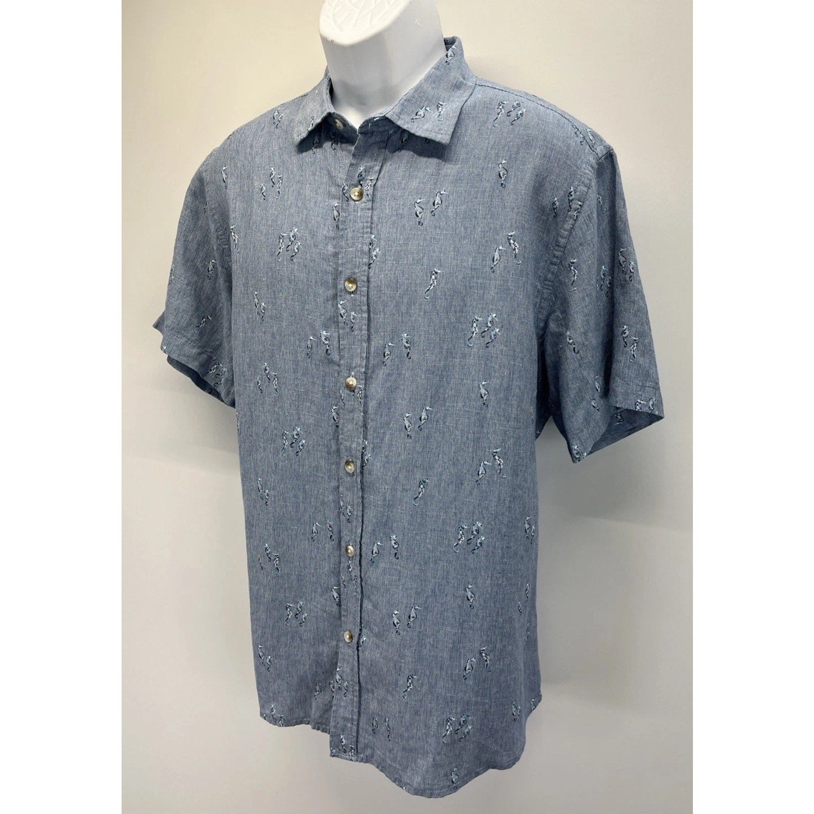 Banana Republic Shirt Mens L Linen Embroidered Seahorses Print Slim Fit
