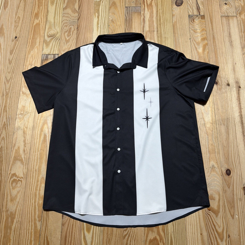 Short Sleeve Button Front Clothing Three Star Panel Bowling Shirt NWOT
