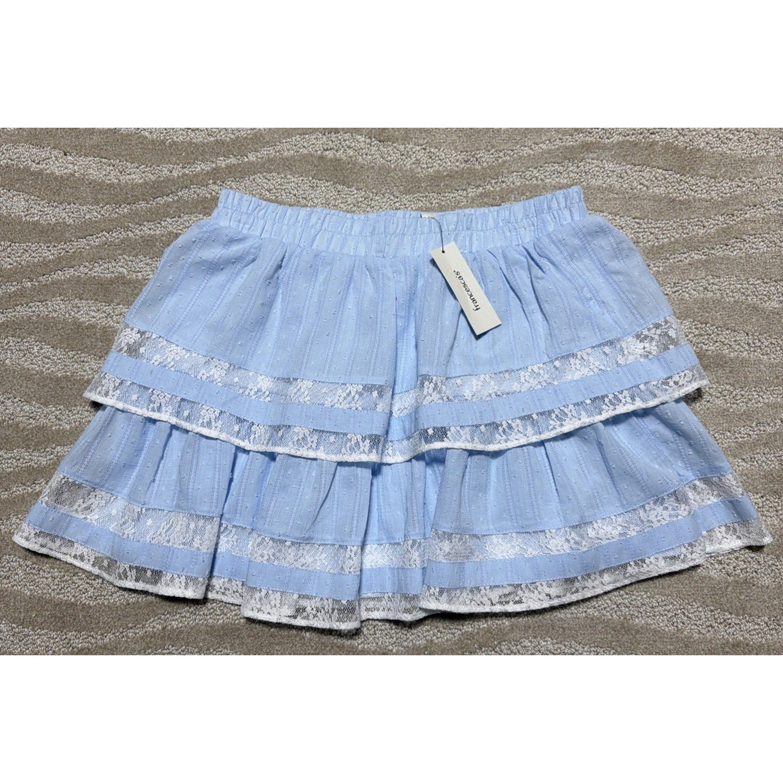 Francesca’s Connie Blue and White Tiered Lace Mini Skirt NWT, Women's Size M