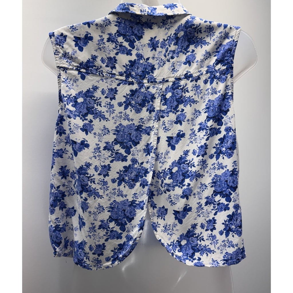 Forever 21 Womens Button Crop Top Blue Floral Open Back Sz L