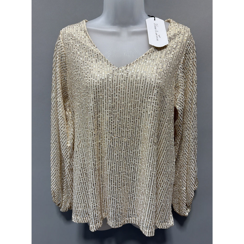 Vine & Love Oversized Balloon Sleeve Gold Sequin V Neck Top Size Small NEW!!
