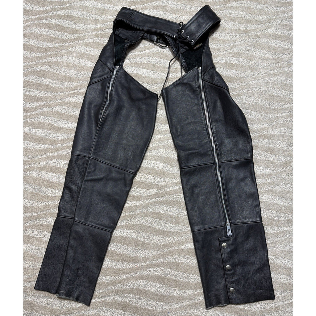 Vtg HARLEY DAVIDSON Chaps L Black Leather Motorcycle Riding Adjustable Made USA