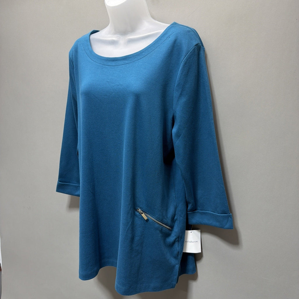 Croft & Barrow Shirt Womens XL Tunic Blue Stretch 3/4 Sleeve Casual Pockets NWT