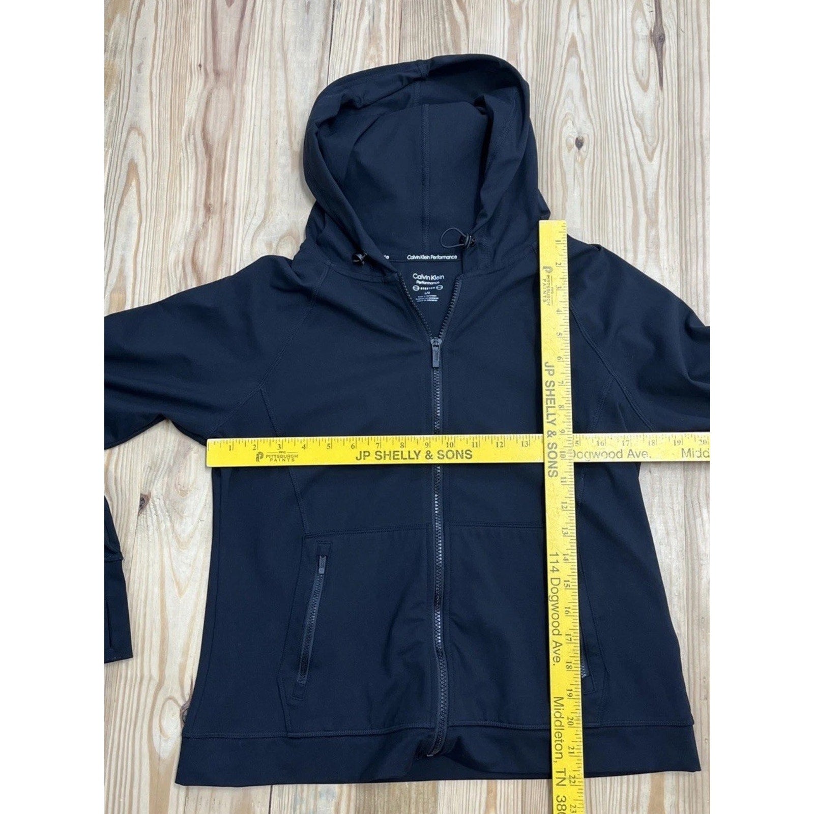 Calvin Klein Performance Black Thumb Hole Hooded Zip Pocket Jacket, Size Medium