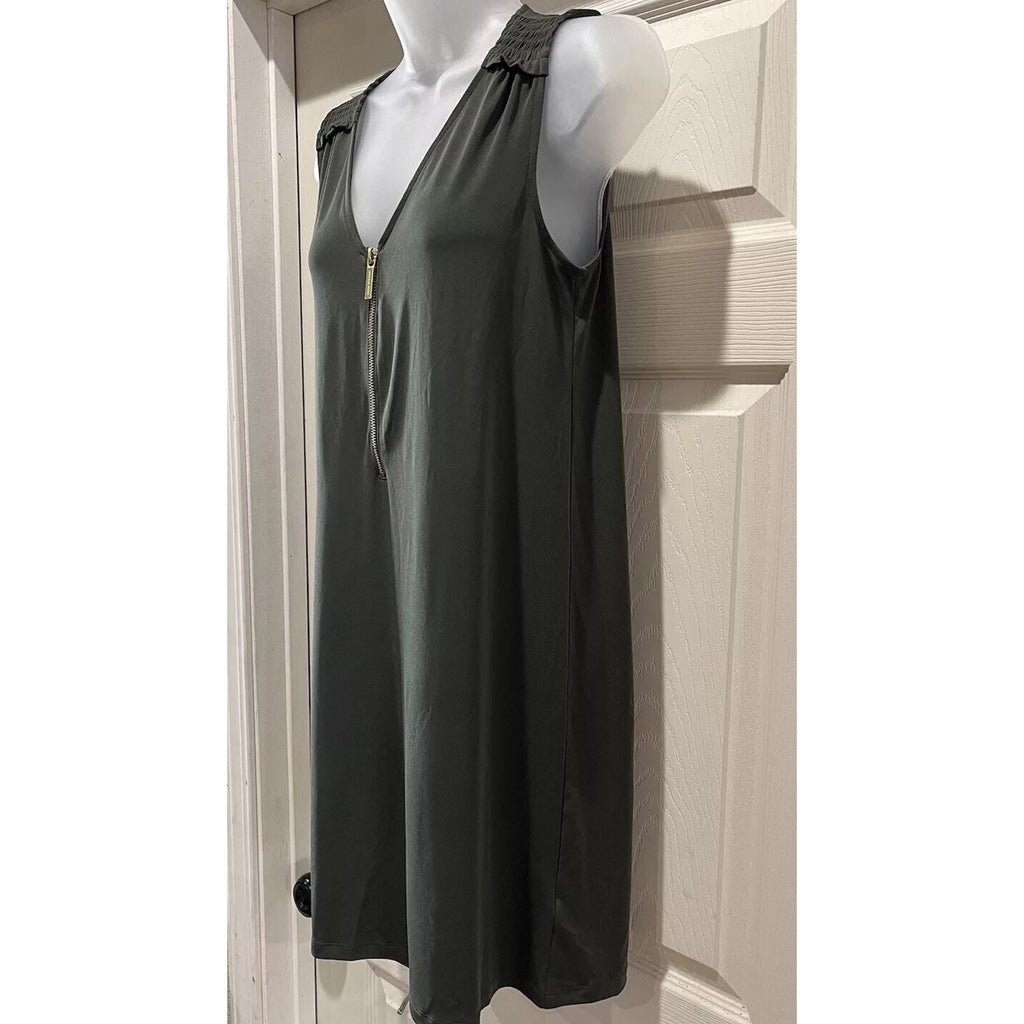 MICHAEL KORS SLEEVELESS V-NECK ZIP OLIVE GREEN STRETCH SHIFT DRESS SIZE S